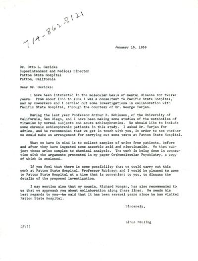 Letter from Linus Pauling to Otto L. Gericke. Page 1. January 16, 1969