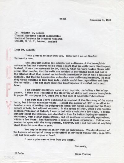 Letter from Linus Pauling to Anthony Allison. Page 1. November 5, 1969