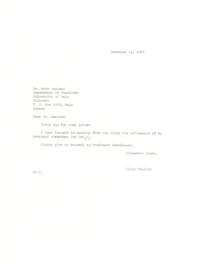 Letter from Linus Pauling to Arne Haaland. Page 1. December 11, 1967