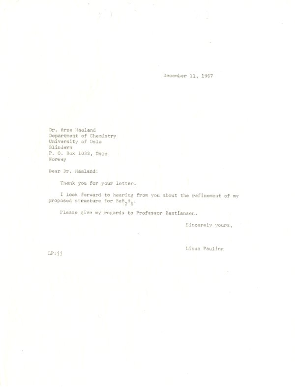 Letter from Linus Pauling to Arne Haaland. Page 1. December 11, 1967