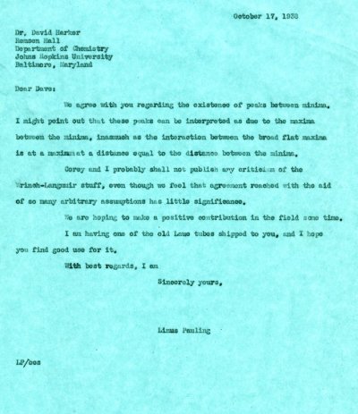 Letter from Linus Pauling to David Harker. Page 1. October 17, 1938