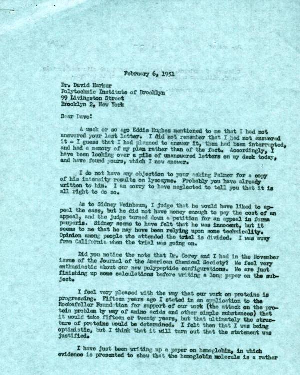 Letter from Linus Pauling to David Harker. Page 1. February 6, 1951