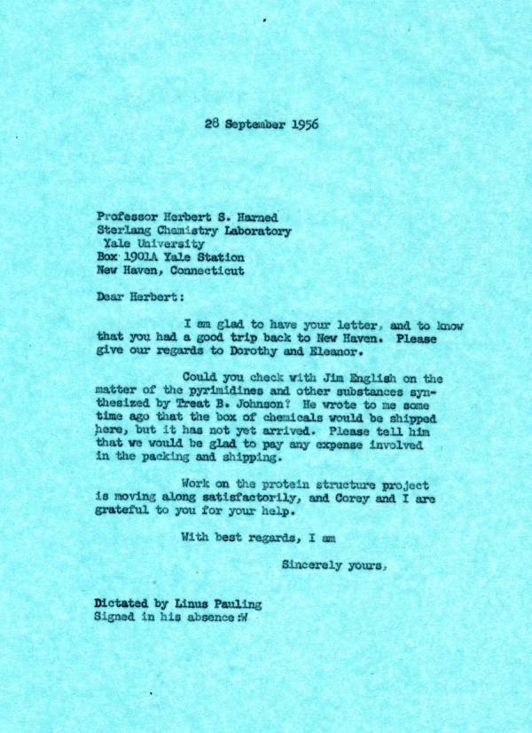 Letter from Linus Pauling to Herbert S. Harned. Page 1. September 28, 1956
