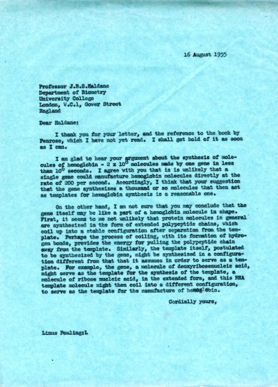 Letter from Linus Pauling to J.B.S. Haldane. Page 1. August 16, 1955