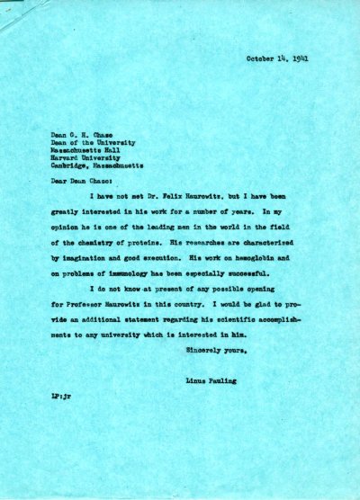 Letter from Linus Pauling to G.H. Chase. Page 1. October 14, 1941