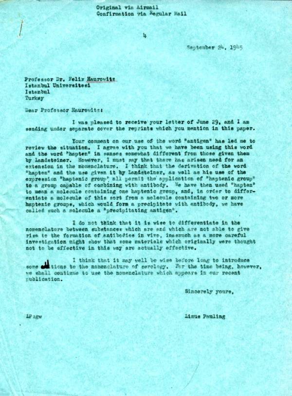 Letter from Linus Pauling to Felix Haurowitz. Page 1. September 24, 1945