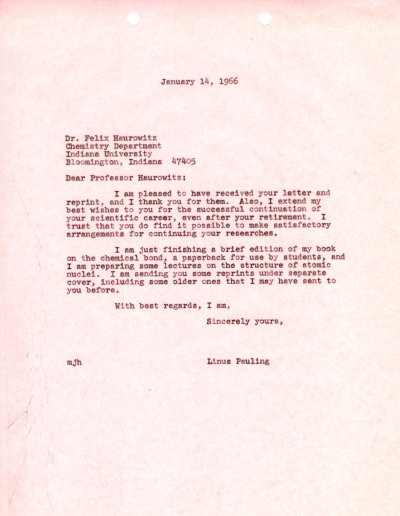Letter from Linus Pauling to Felix Haurowitz. Page 1. January 14, 1966