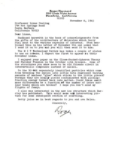Letter from Roger Hayward to Linus Pauling. Page 1. November 8, 1965