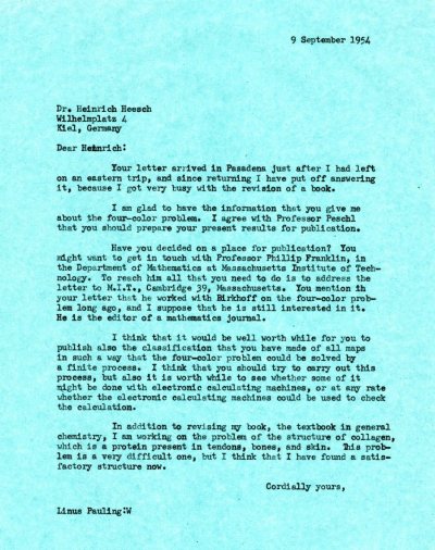 Letter from Linus Pauling to Heinrich Heesch. Page 1. September 9, 1954