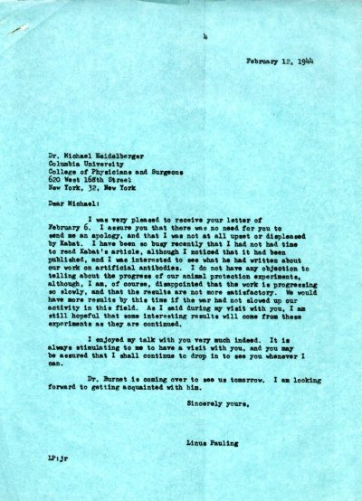 Letter from Linus Pauling to Michael Heidelberger. Page 1. February 12, 1944