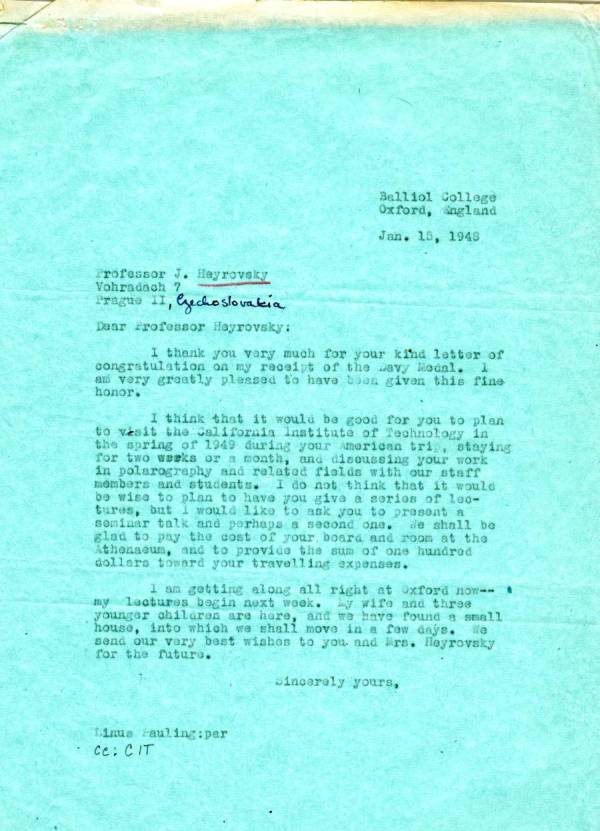 Letter from Linus Pauling to Jaroslav Heyrovsky. Page 1. January 15, 1948