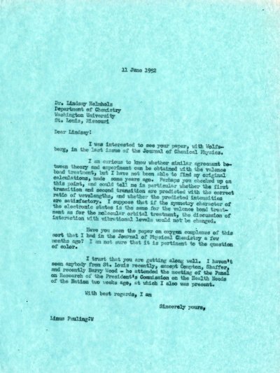 Letter from Linus Pauling to Lindsay Helmholz. Page 1. June 11, 1952