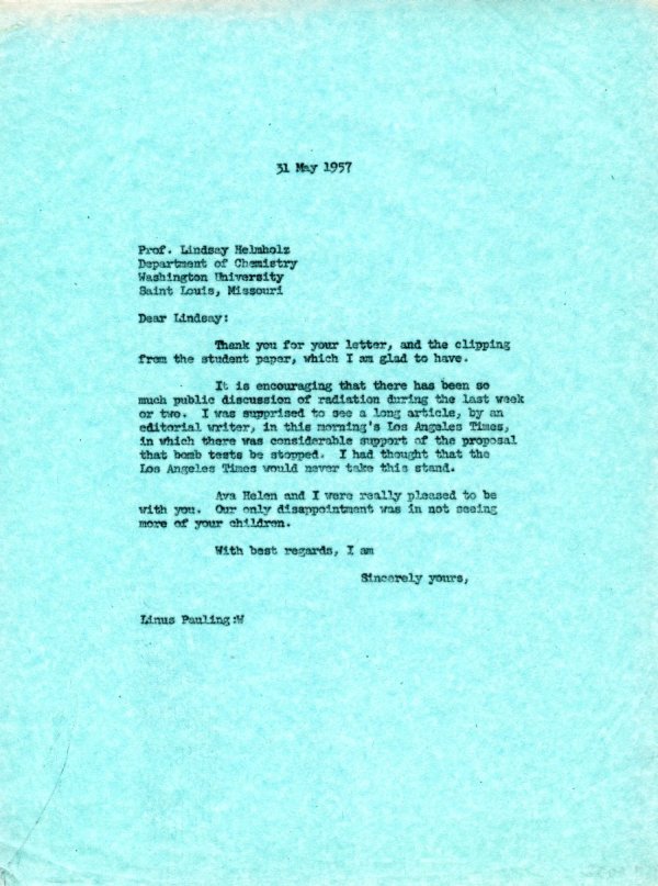 Letter from Linus Pauling to Lindsay Helmholz. Page 1. May 31, 1957