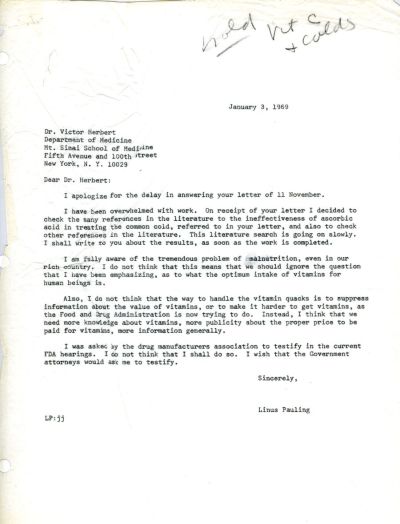 Letter from Linus Pauling to Victor Herbert. Page 1. January 3, 1969