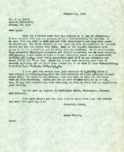 Letter from Linus Pauling to J. Lynn Hoard. Page 1. October 14, 1936