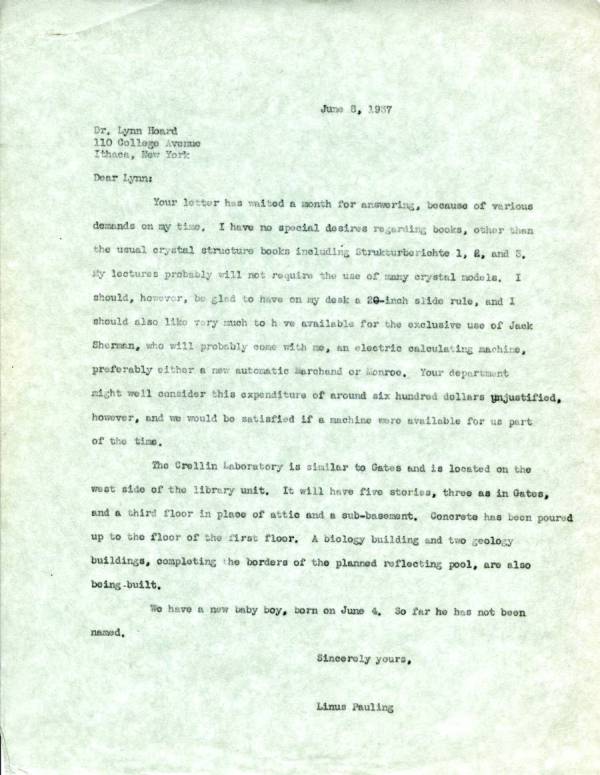 Letter from Linus Pauling to J. Lynn Hoard. Page 1. June 8, 1937