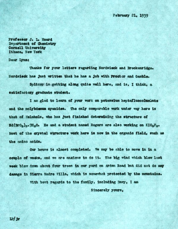 Letter from Linus Pauling to J. Lynn Hoard. Page 1. February 21, 1939