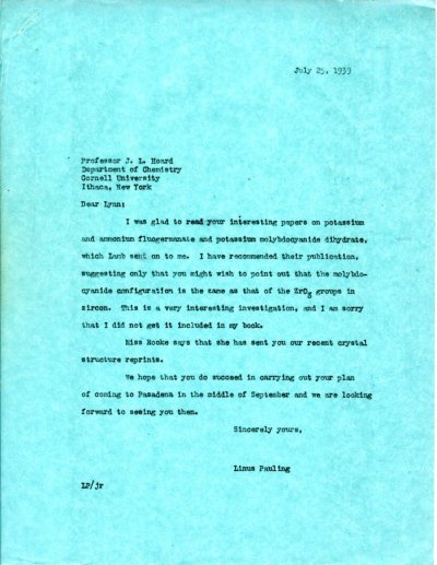 Letter from Linus Pauling to J. Lynn Hoard. Page 1. July 25, 1939