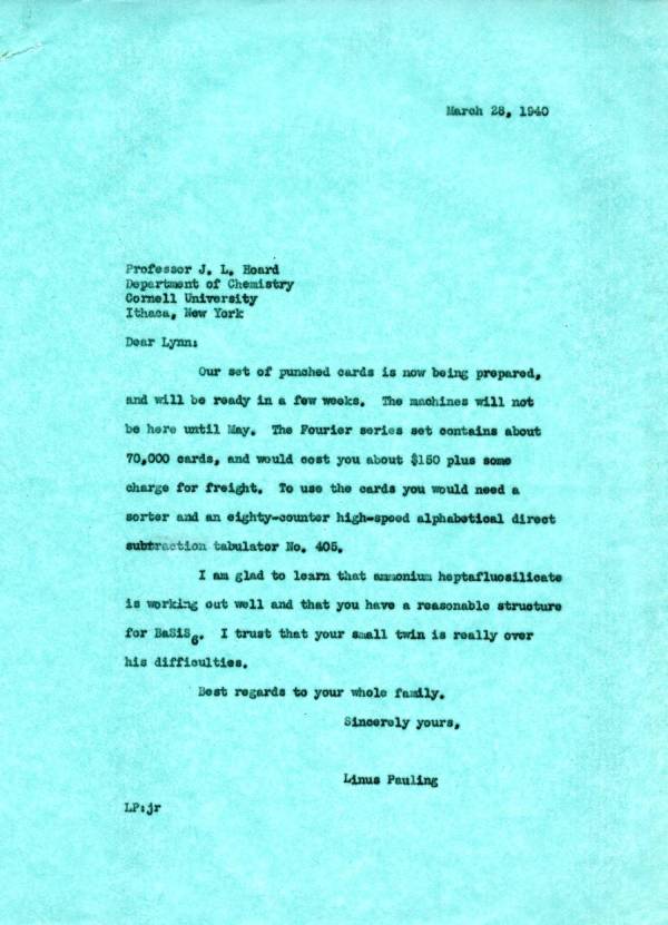 Letter from Linus Pauling to J. Lynn Hoard. Page 1. March 28, 1940