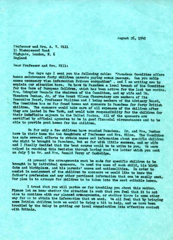 Letter from Linus Pauling to A.V. Hill and Mrs. Hill. Page 1. August 26, 1940