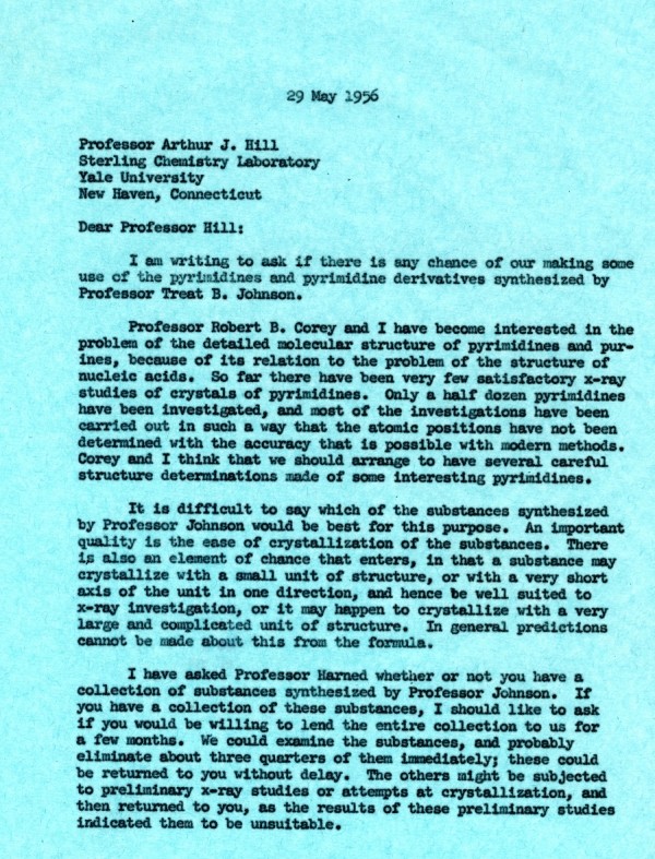 Letter from Linus Pauling to Arthur J. Hill. Page 1. May 29, 1956