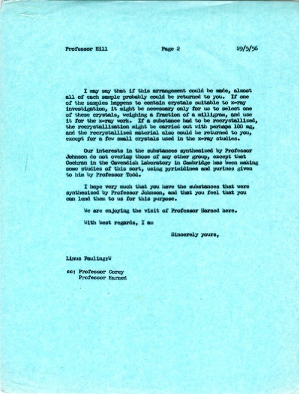 Letter from Linus Pauling to Arthur J. Hill. Page 2. May 29, 1956