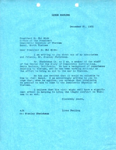 Letter from Linus Pauling to Ho Chi Minh. Page 1. December 20, 1965