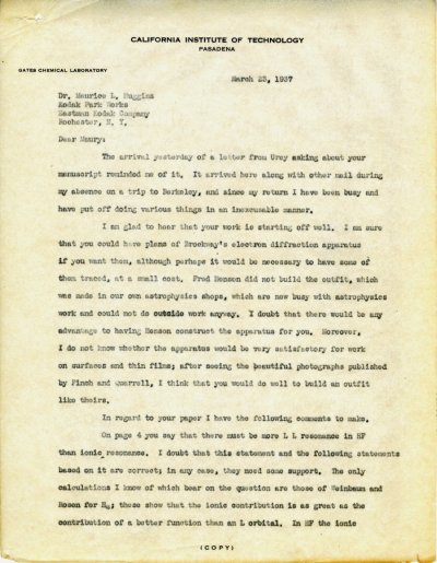 Letter from Linus Pauling to Maurice Huggins. Page 1. March 23, 1937