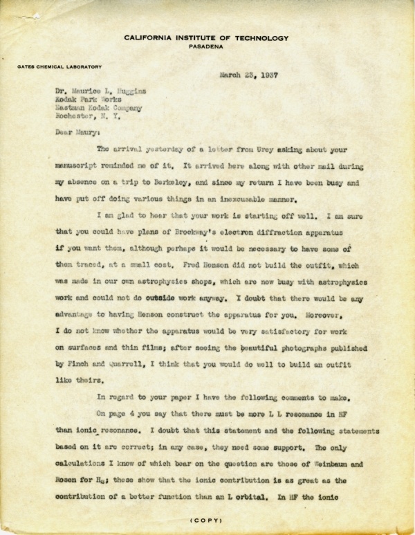 Letter from Linus Pauling to Maurice Huggins. Page 1. March 23, 1937