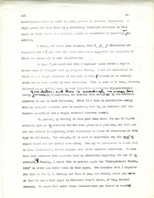 Letter from Linus Pauling to Maurice Huggins. Page 2. March 23, 1937