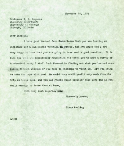 Letter from Linus Pauling to Thorfin Hogness. Page 1. November 25, 1936