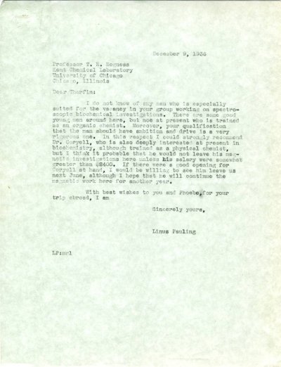 Letter from Linus Pauling to Thorfin Hogness. Page 1. December 9, 1936