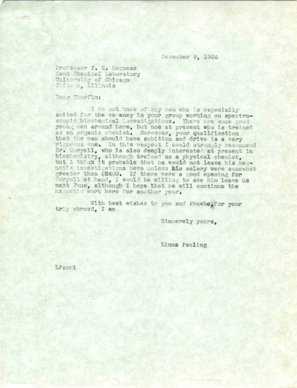 Letter from Linus Pauling to Thorfin Hogness. Page 1. December 9, 1936