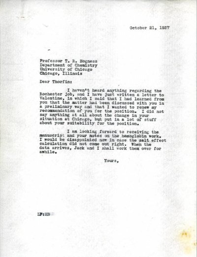 Letter from Linus Pauling to Thorfin Hogness. Page 1. October 21, 1937