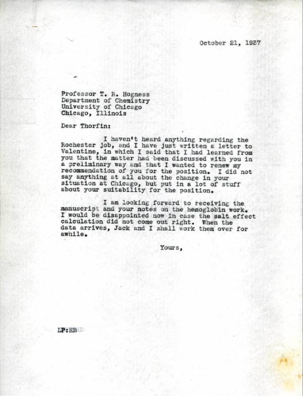 Letter from Linus Pauling to Thorfin Hogness. Page 1. October 21, 1937