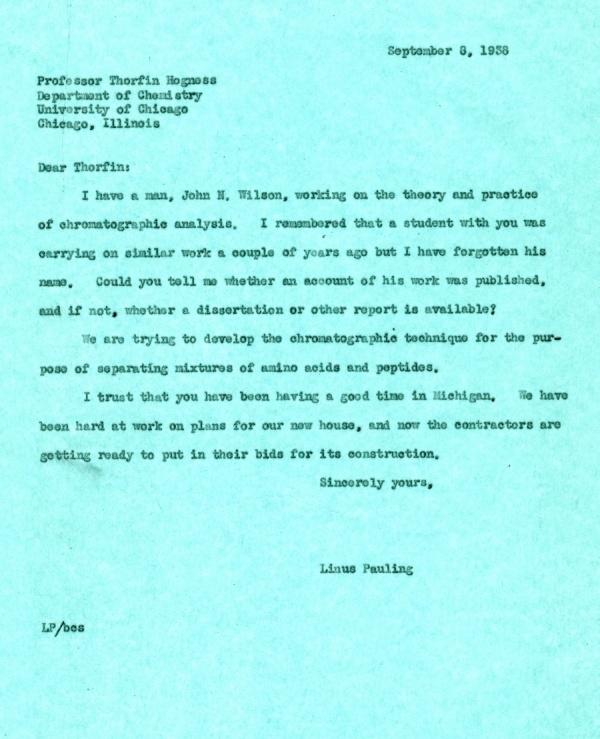 Letter from Linus Pauling to Thorfin Hogness. Page 1. September 8, 1938
