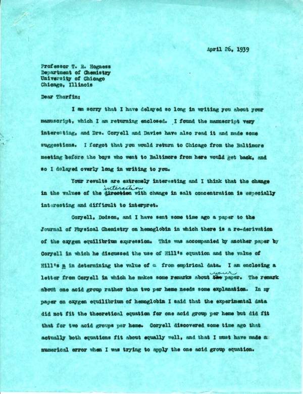 Letter from Linus Pauling to Thorfin Hogness. Page 1. April 26, 1939