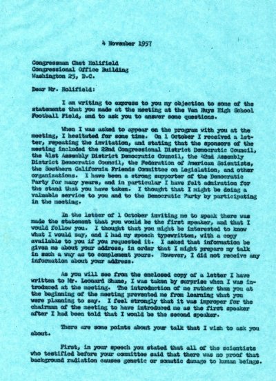 Letter from Linus Pauling to Chet Holifield. Page 1. November 4, 1957