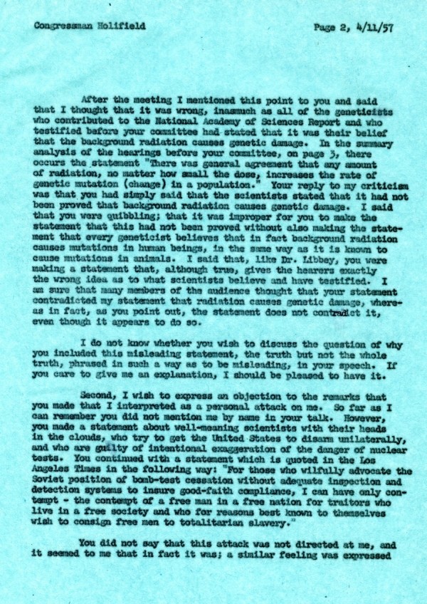 Letter from Linus Pauling to Chet Holifield. Page 2. November 4, 1957