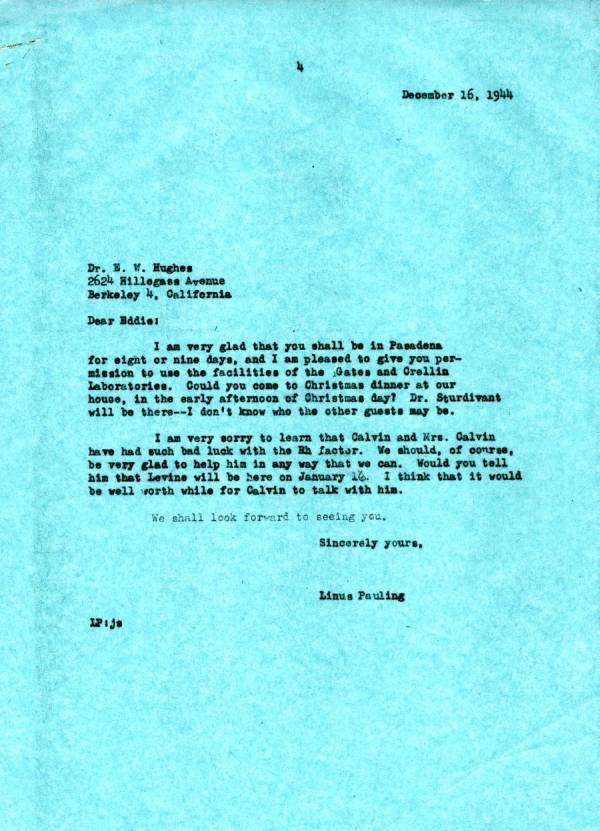 Letter from Linus Pauling to Eddie Hughes. Page 1. December 16, 1944