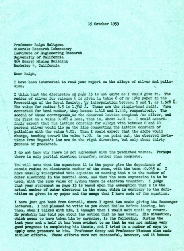 Letter from Linus Pauling to Ralph Hultgren. Page 1. October 19, 1959