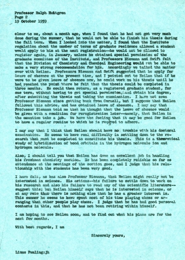 Letter from Linus Pauling to Ralph Hultgren. Page 2. October 19, 1959