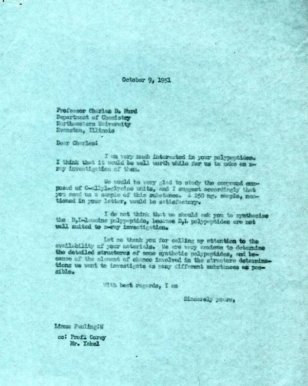Letter from Linus Pauling to Charles Hurd. Page 1. October 9, 1951