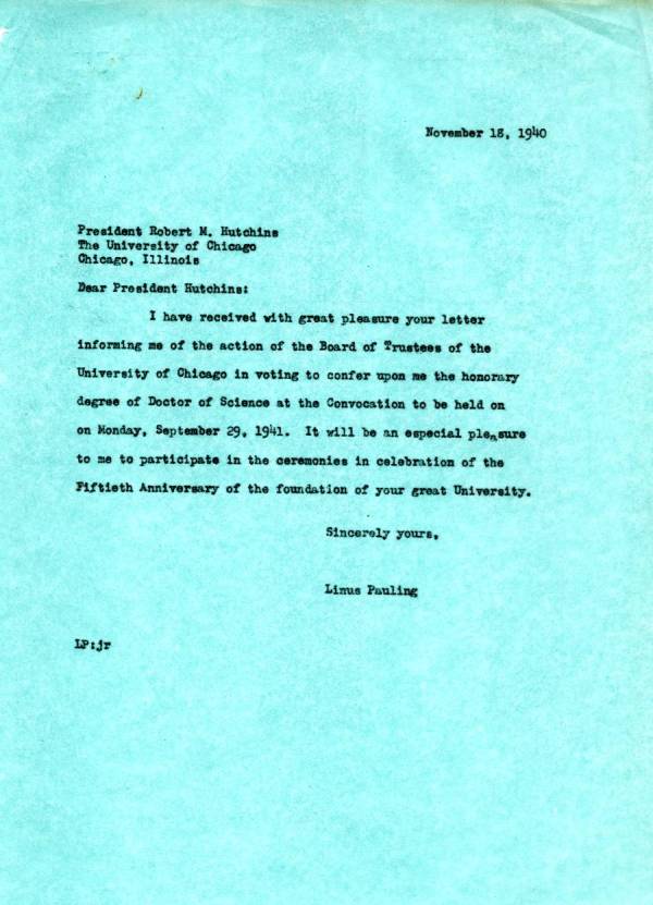 Letter from Linus Pauling to Robert Hutchins. Page 1. November 18, 1940