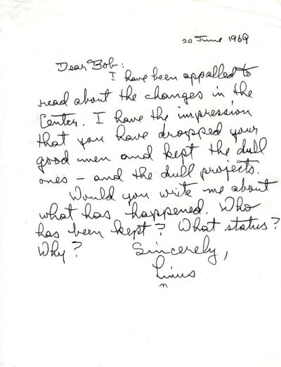 Letter from Linus Pauling to Robert Hutchins. Page 1. June 20, 1969