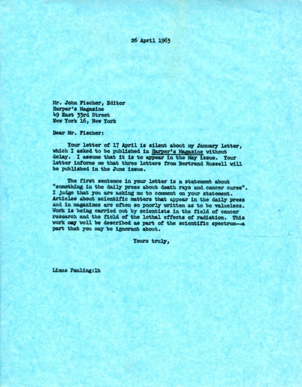 Letter from Linus Pauling to John Fischer. Page 1. April 26, 1963