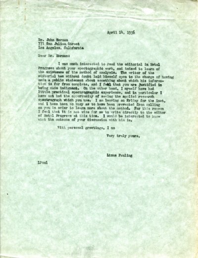 Letter from Linus Pauling to John Herman. Page 1. April 14, 1936