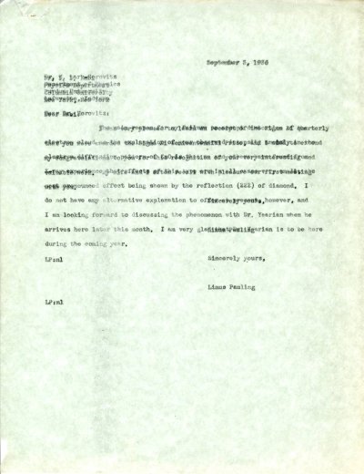 Letter from Linus Pauling to I.I. Horovitz. Page 1. September 3, 1936