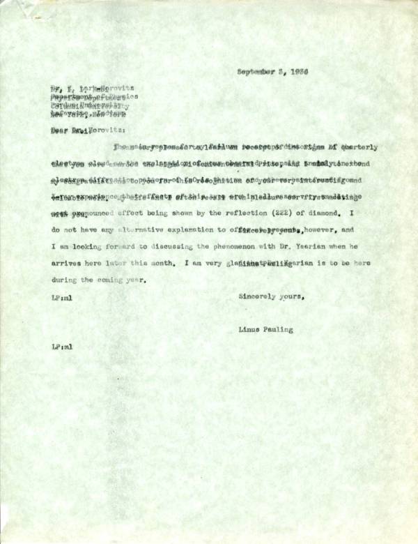 Letter from Linus Pauling to I.I. Horovitz. Page 1. September 3, 1936