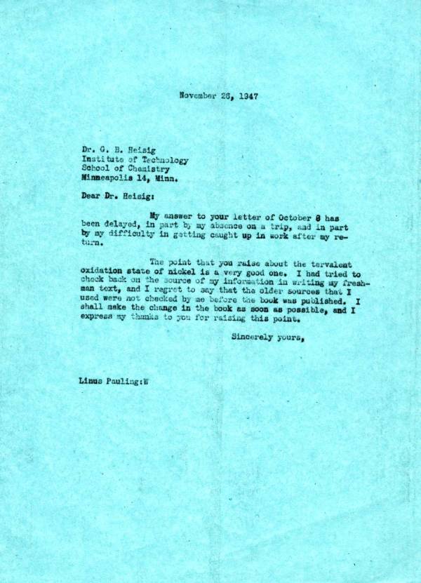 Letter from Linus Pauling to G.B. Heisig. Page 1. November 26, 1947